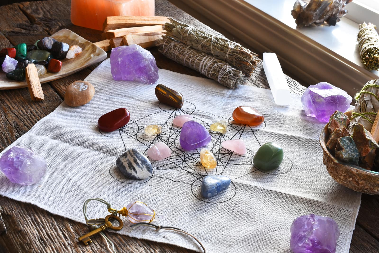 Crystals, sage and palo santo