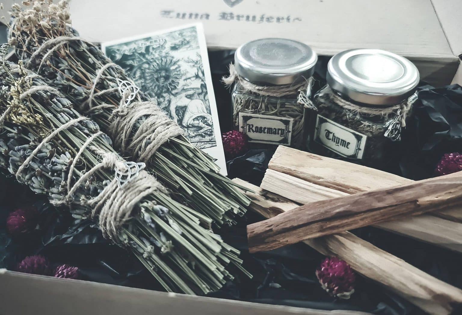 Dried herbs, palo santo and jars from the Atlantis shop